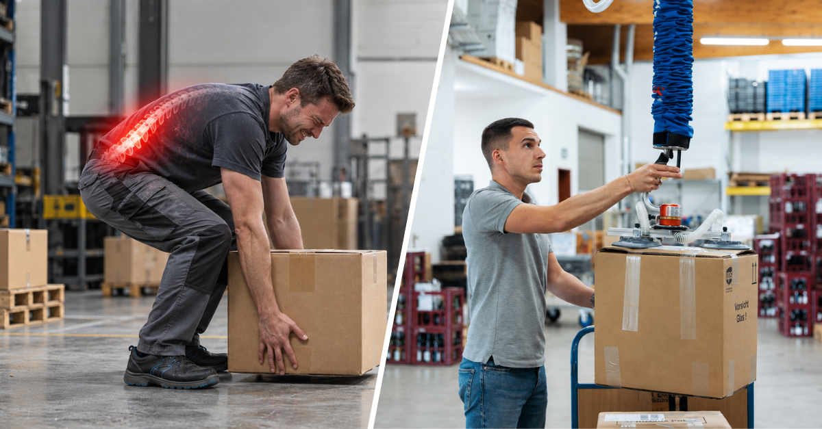 Manuelles Heben eines Kartons im Vergleich zum ergonomischen Heben mit Vakuum-Schlauchheber